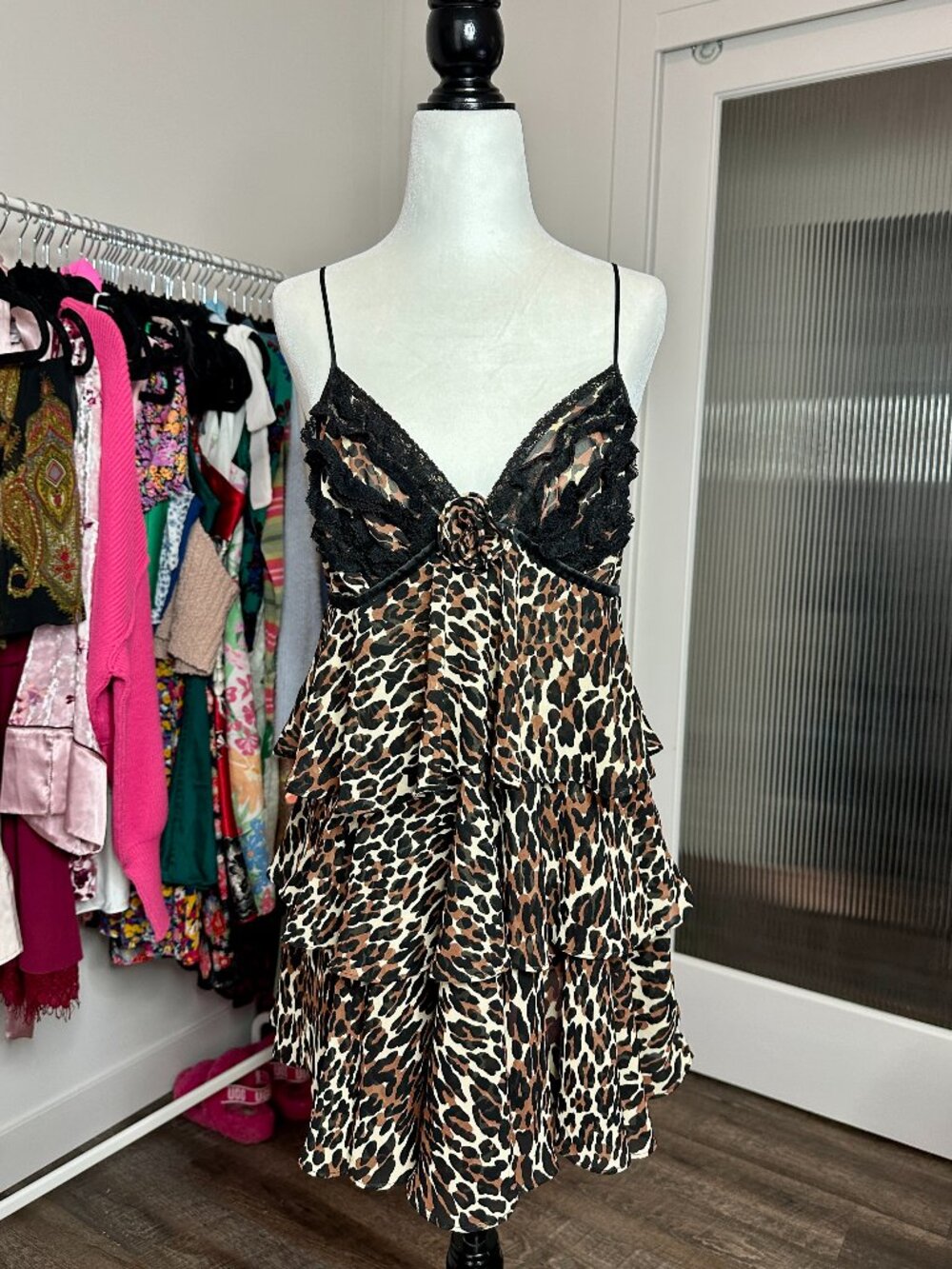 🎀 Vintage Betsey Johnson Y2K Leopard Print Lace Tiered Babydoll Dress